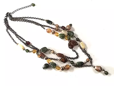 Vintage Multi Strand Beaded Necklace 21  Fall Green Brown Earth Tones Dark Chain • $7.99