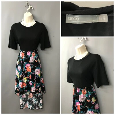 £10.36 • Buy ASOS Black Floral Asymmetric Cotton Tea Dress UK 10 EUR 38 US 6
