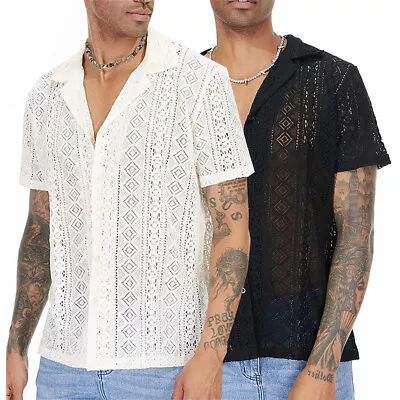 Mens Crochet Floral Lace Short Sleeve Shirt See-Through Mesh Collared Top Party • £17.99