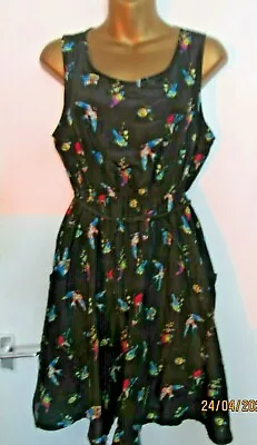 Black Sleeveless Dress With Beautiful Bird Pattern Size 12 By Max C London • £5
