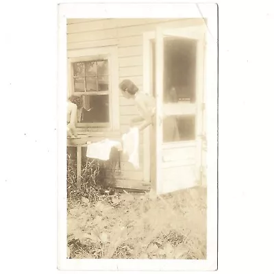 Vintage Photo Women Hand Washing Laundry Outside Kitchen Screen Door 1930s Wife • $11.49