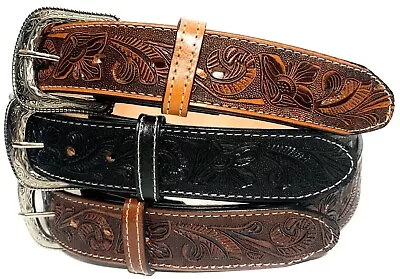 WESTERN Genuine LEATHER BELT. COWBOY RODEO CASUAL LEATHER BELT FLORAL EMBOSSED • $22.99