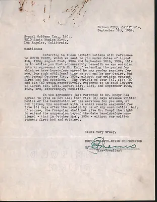 Metro Goldwyn Mayer 1934 Signed Contract Letter In Regards To Edwin H. Knopf • $75