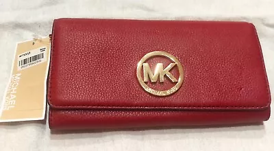 New Michael Kors Large Fulton Leather Carryall Wallet Red Clutch MK  Logo Read! • $75