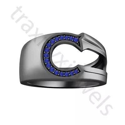 1 Ctw Lab Created Blue Sapphire 14K Black Gold Over C Letter Wedding Men's Ring • $106.90