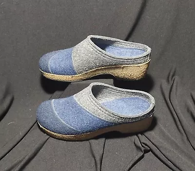 Haflinger Shoes Womens 38 US 7 Clogs Mules Blue Tri Stripe Wool Cork Wedge • $35