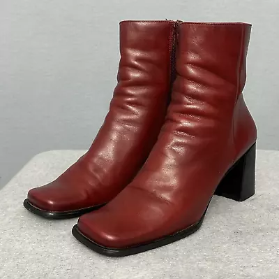 Vintage 90s Y2K Nine West Womens Boots 9M Red Leather Ankle Bootie Square Toe • $67.49