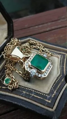 14K Yellow Gold Finish 18  Chain 2.70Ct Asscher Cut Emerald Diamond Halo Pendant • $39.99