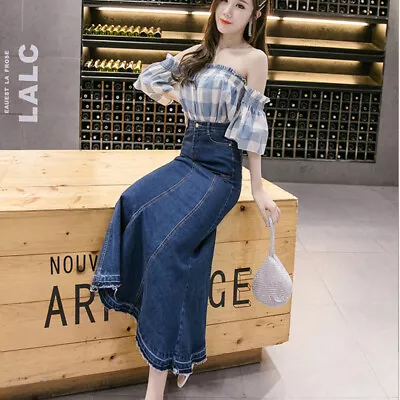 Women Denim Fishtail Skirt High Waist A-Line Bodycon Pockets Gothic Retro Sexy • $31.47