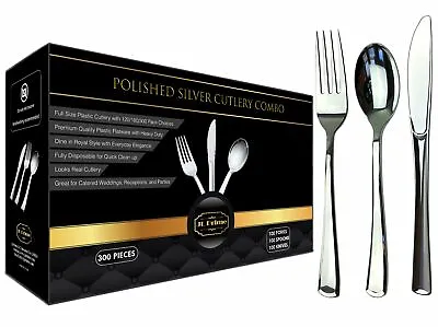 $23.99 • Buy JL Prime 300 Pack Heavy Duty Disposable Silver Plastic Silverware Set For Party