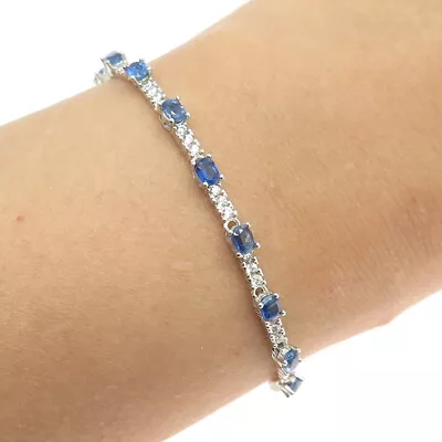 925 Sterling Silver Real Sapphire Gemstone & C Z Tennis Link Bracelet 6-6.75  • $69.95