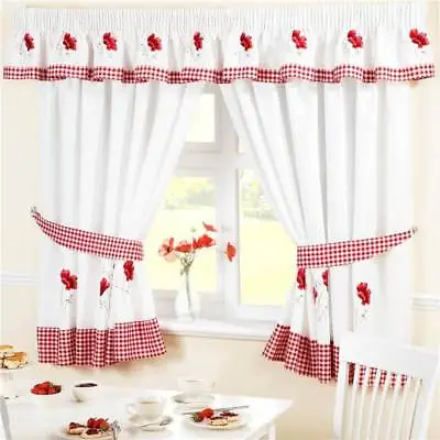 £18.95 • Buy Gingham Poppies Kitchen Curtains / Pelmet / Seat Pad Red White