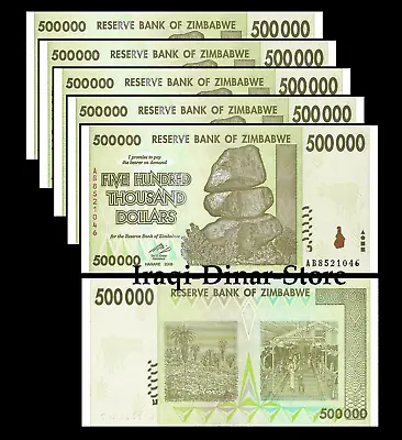 2.5 Million Zimbabwe $ - 5 X 500000 Dollars UNC Lot Of Five Set Of 5 Free S&H • $44.50