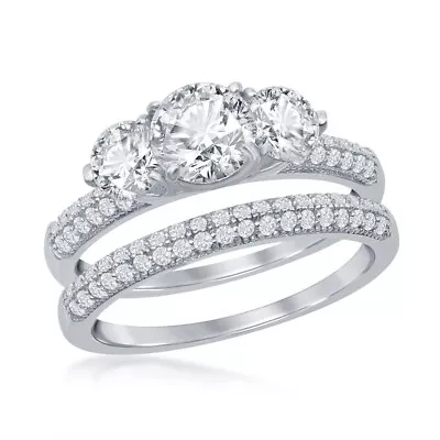 Sterling Silver Three-Stone Half Micro Pave Band Engagement Ring Set • $51
