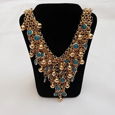 $19.98 • Buy Turquoise Blue Resin Gold Bead Chain Waterfall Statement Necklace 