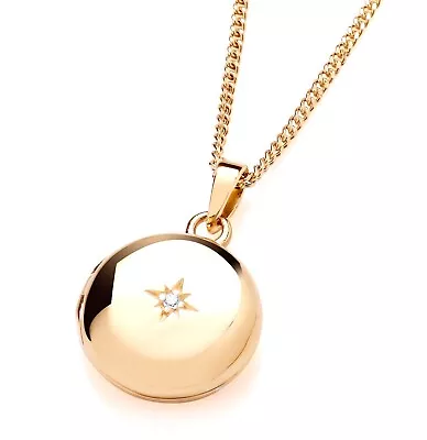 9ct Yellow Gold On Silver CZ Round Photo Locket Pendant Necklace + Chain • £16.95