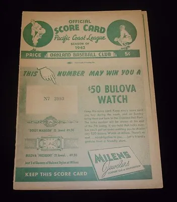 1942 Pacific Coast League Official Scorecard W/ 4 Autographs-Hollywood @ Oakland • $135