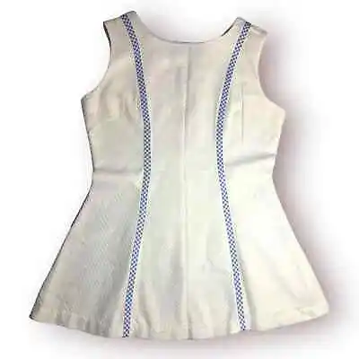 Vintage 70s Tennis Mini Dress White Blue Large Polyester Gingham Stripes Zipper • $79.99