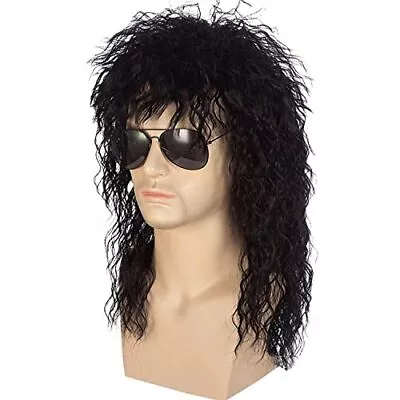 Black Long Curly Wig 70s 80s Mullet Wig Punk Heavy Metal Rock Cosplay For Men... • $21.73