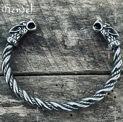 MENDEL 7 Inch Mens Stainless Steel Norse Viking Wolf Head Cuff Bracelet Arm Ring • $19.99