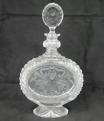 Vintage Intaglio Cut Glass Decanter W/ Prism Shoulders Floral Design 10.5'' Tall • $25