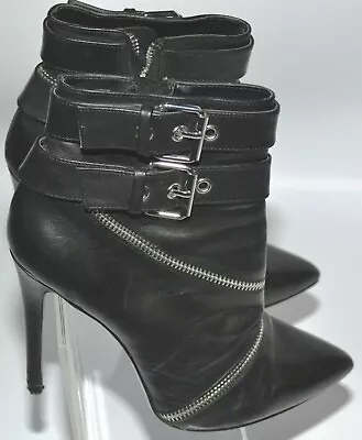 Zara Ankle Boots Biker Rock Zippy Belts High Heels Black Leather Uk 4 Euro 37 • £65