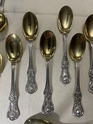 Set Of 12 Antique Sterling Silver  Gold Wash Spoons Queens Pattern • $50