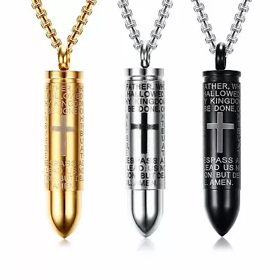 English Lord's Prayer Bullet Cross Pendant Necklace Stainless Steel Chain Men's • $14.24