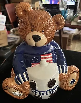 Vintage Oreo Bear Cookie Jar Large Ceramic USA American Flag Brown Teddy In Blue • $9.99
