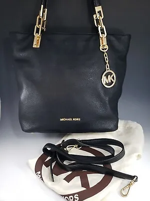 Michael Kors Black Leather Shoulder Purse Tote Bag Heavy Gold Chain W Dust Cover • $99.99