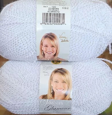 2 Skeins Lion Brand Yarn Vanna's Glamour Diamond #100 WHITE Silver Metallic • $39.95