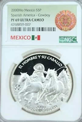 2000 Mexico Silver 5 Pesos S5p Spanish America Cowboy Ngc Pf 69 Ultra Cameo Rare • $569.95