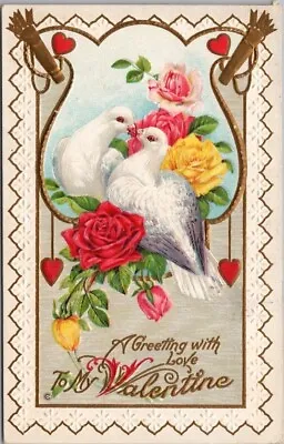 Vintage 1914 VALENTINE'S DAY Postcard White Doves / Colorful Roses STECHER 243E • $5.25