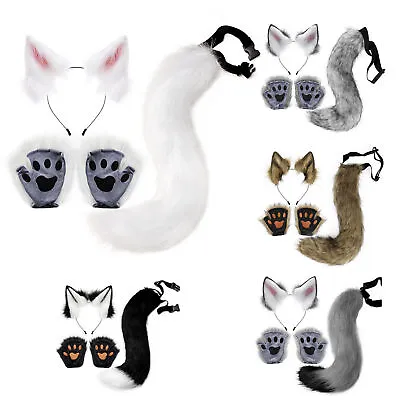 4x Plush Ears And Tail Set Faux Plush Wolf Ears Hair Clip Glove Cosplay Costume • $9.99