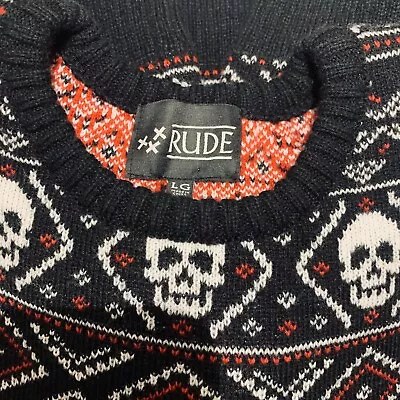 Hot Topic XXX RUDE Sweater SKULLS Fair Isle Sz Lg Crewneck Black White Red • $33