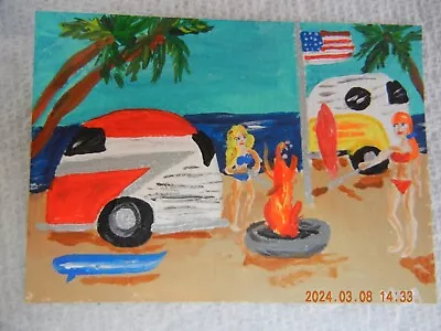 Aceo Original Painting Girls Surfing Camping Bonfire Trailers • $8