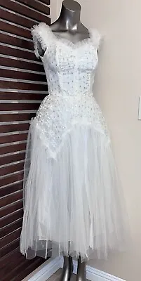 1950s Vintage White & Metallic Silver Tulle Layered Prom Wedding Dress Gown • $200