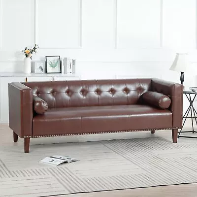 Mid-Century Modern Faux Leather Sofa 3 Seater Button Tufted Upholstered Couch • $397.29