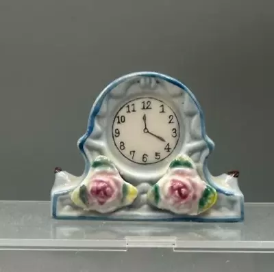 Occupied Japan Minature Mantel Blue Clock Figurine Hand Painted Pink Roses • $16.75