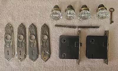 Lot Of 2 Vtg Yale Mortise Lock Sets W/Glass Knobs Deco Back Plates & Brass Key • $60