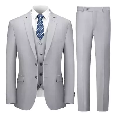  3 Piece Mens Suit Set 2 Button Slim Fit Suit For Men Solid Small Light Grey • $142.42