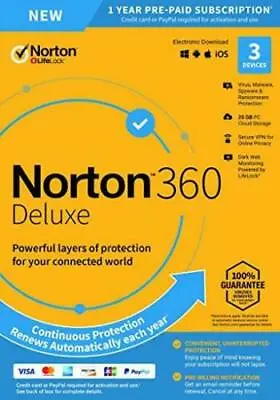£16.99 • Buy Norton 360 Deluxe Antivirus 2022/2023, 3 Devices, 1 Year - Delivery By Post
