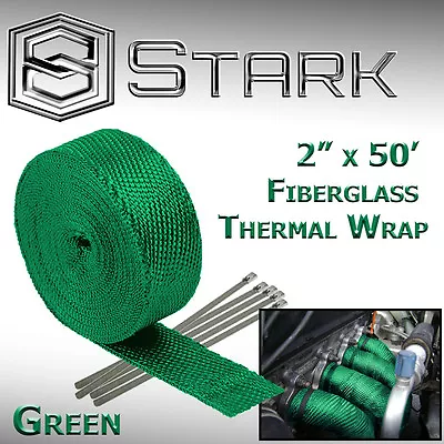 2  X 50FT Exhaust Header Fiberglass Heat Wrap Tape W/ 5 Steel Ties - Green (X) • $22.99