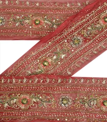 Sanskriti Vintage Saree Border Hand Beaded Craft Trims 2 Yd Dark Red Sewing Lace • $7.99