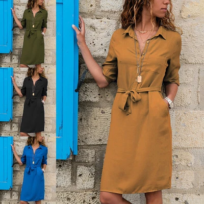 $30.22 • Buy Ladies Knee Length Dresses Lapel Collar Midi Dress Women Casual 3/4 Sleeve Party