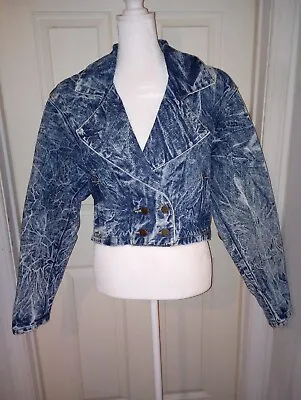 VTG 80s Chemin De Fer Women's Acid Washed Denim Crop Jean Jacket Sz L Excellent • $69