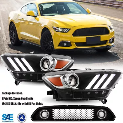 For 15-17 Ford Mustang HID/Xenon Headlights+Upper Mesh Grille LED DRL Fog Light • $345.98