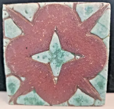 Vintage Grueby Pottery 3  By 3  Geometric Red Clay On Blueish Green Glaze Tile • $26
