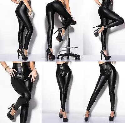 Women Leggings Zipper Clubbing Ladies Wet Leather Look Pants Trouser High Waist • £7.99