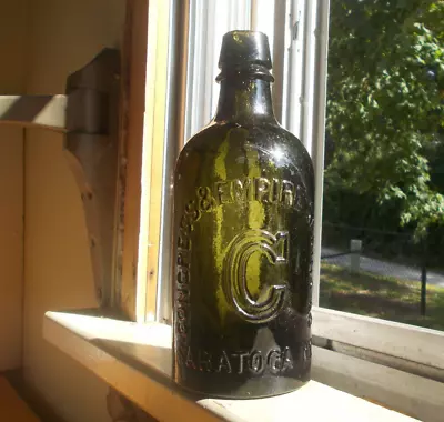 DARK FOREST GREEN CONGRESS & EMPIRE SPRING CO SARATOGA PINT 1870s WATER BOTTLE • $110